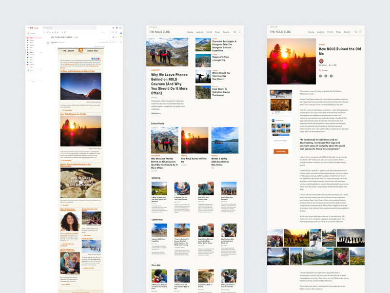 Prototype mockups for email, blog homepage, and blog post page.