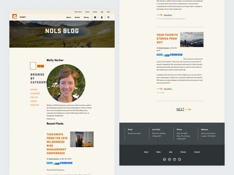 The NOLS blog author page before the redesign.